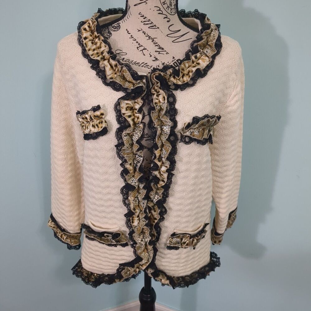 Michael Simon Ivory Knit Lace Trimmed Classic Sweater Jacket vintage extra large